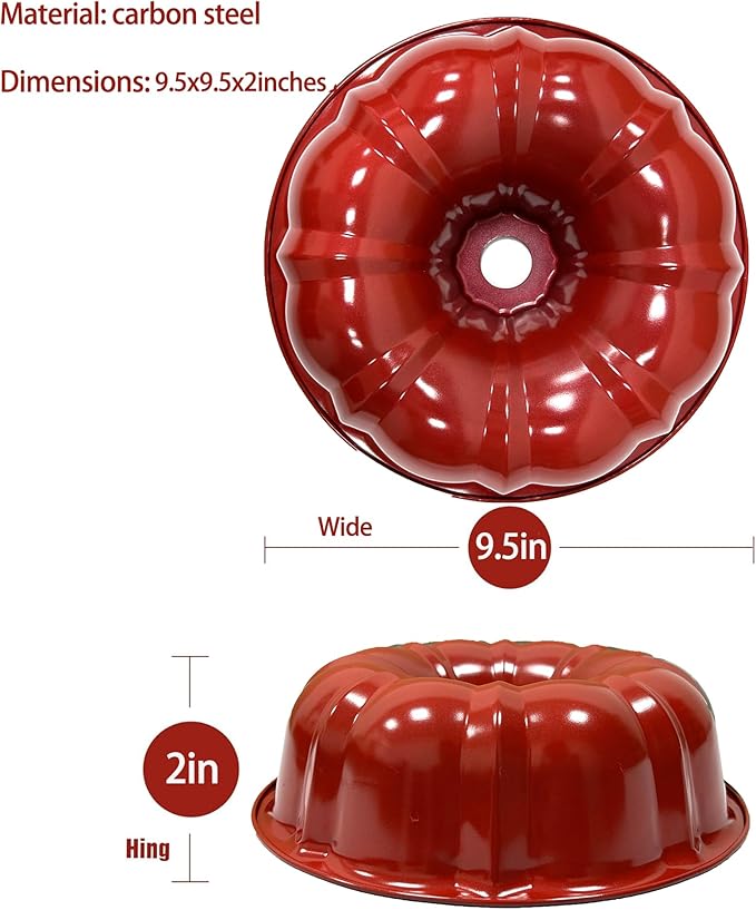 Classic Bakeware 9.5 Inch Non-stick Fluted Cake Pan,Heavy Duty Carbon Steel Tube Baking Mold Red - Image 2