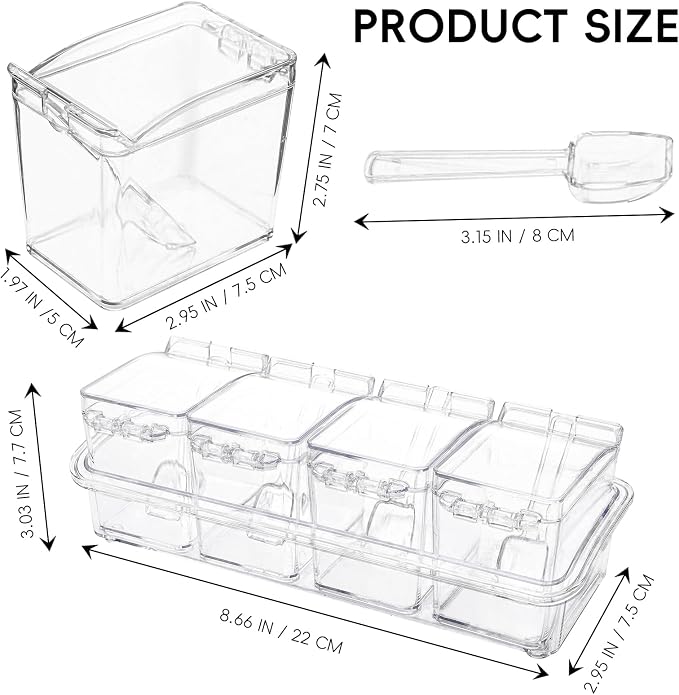Clear Seasoning Box, 4 Pieces Seasoning Rack Spice Pots, Storage Container Condiment Jars Acrylic Seasoning Box with Covers and Spoons for Spice, Sugar, Salt, Sugar, Cardamon, Cinnamon - Image 2