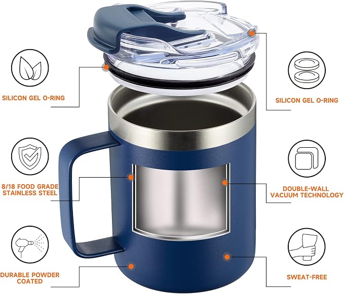 12oz Stainless Steel Insulated Coffee Mug with Handle, Double Wall Vacuum Tumbler Cup with Fliping Lid, Navy, 2 Pack | Stainless Steel Coffee Tumbler with Lid, Double Wall Vacuum Thermal Cup for Camping - Image 2