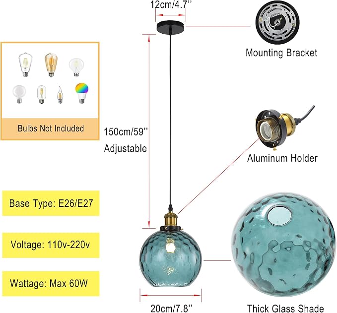 Pendant Light Shade Industrial Hanging Lights Fixtures Ceiling Outdoor Pendant Lighting for Kitchen Island Dining Room Unique Lamp in Kitchen Farmhouse Bedroom (Dark Blue, 7.8 Inches) - Image 5