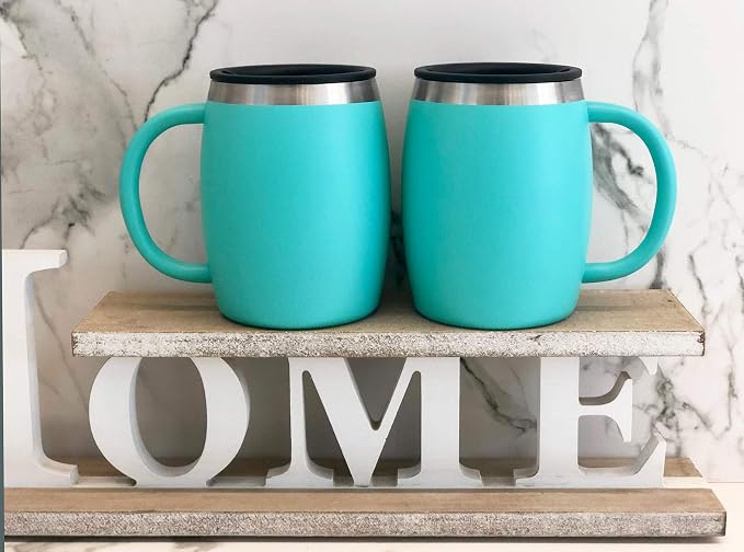 Stainless Steel Insulated Coffee Mugs Set of 2 (14oz) Double Wall Coffee Cups With Spill Resistant Lid & Handle – Shatterproof Cups for Cold & Hot Drinks for Indoor & Outdoor Use (Aqua Blue) - Image 5