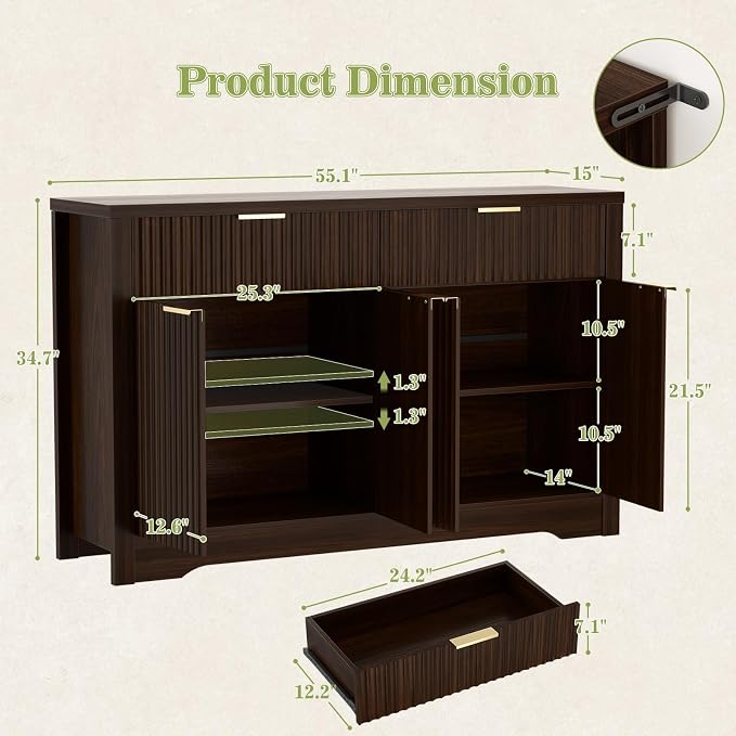 Cyclysio 55" Fluted Buffet Cabinet with Storage, Modern Sideboard Credenza with Adjustable Shelves & Drawers, Coffee Bar Table for Dining Room, Entryway, Kitchen, Black Walnut - Image 3