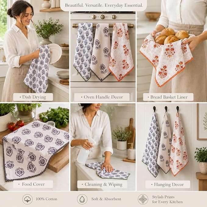 Printed Kitchen Dish Bar and Tea Towels Cotton, 18x28 inch with Trims, Cotton Dish Towel Sets (Multicolor Motif, Set of 3) - Image 5