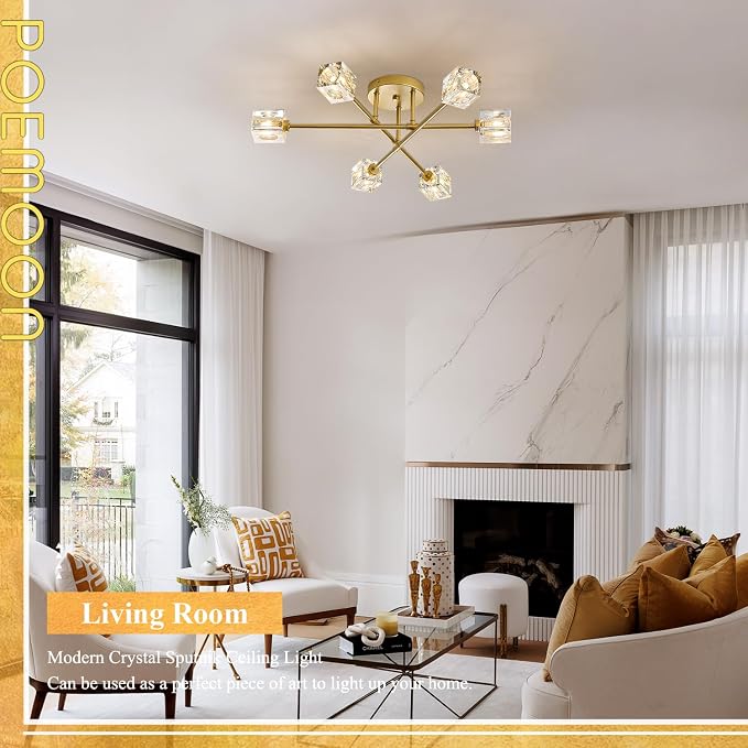 Modern Crystal Semi Flush Mount Ceiling Light Gold Sputnik Chandeliers 6 Lights Industrial 26" Chandelier for Foyer Entryway Kitchen Bedroom Living Room Dining Room - Image 8