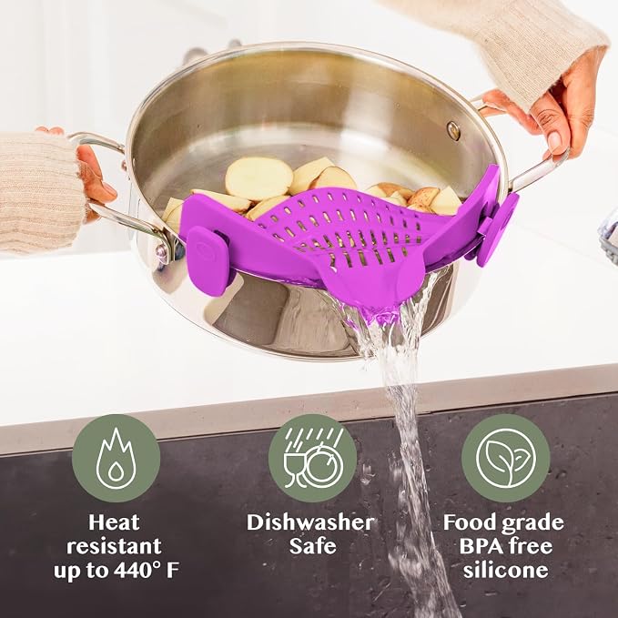 Kitchen Gizmo Snap N Strain Pot and Pasta Strainer - Strainers and Colanders - Adjustable Silicone Clip On Strainer for Pots, Pans, and Bowls - Kitchen Colander - Purple - Image 5