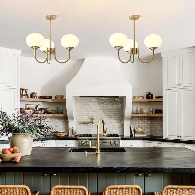 3 Light Vintage Gold Chandelier Milk Glass Globe Chandeliers Brass Sputnik Ceiling Light Fixture Mid Century Modern Pendant Light Dining Room Kitchen - Image 4
