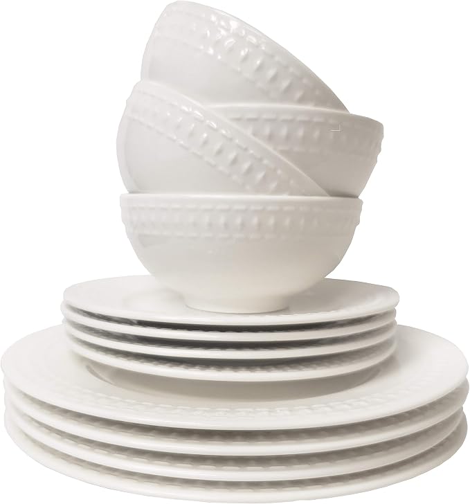 Tabletops Gallery Embossed White Porcelain Round Dinnerware - Bloom 12 Piece Dinnerware Set - Image 7