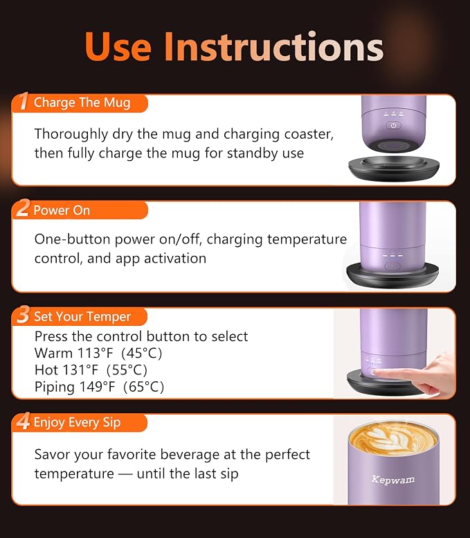 Kepwam Heated Coffee Mug Rechargeable T3, 20oz Self-Heating Travel Mug for Coffee with 1℉ Precise Temperature Control & App, Portable Cup Warmer for Outdoor & Car (Fits Cup Holders) - Image 8