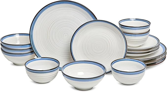 Sango Siterra Santorini 16-Piece Stoneware Dinnerware Set for 4, Ceramic White Plates and Bowls Sets with Blue Rim & Reactive Glaze, Chip Resistant Dish Set, Microwave & Dishwasher Safe Kitchen Dishes by Sango