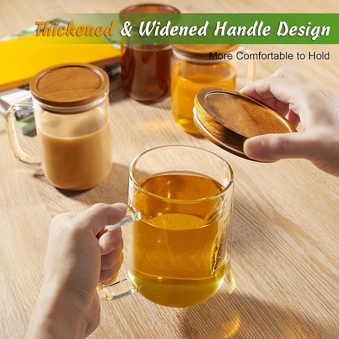 DRASTAR Glass Coffee Mugs, 20 oz Clear Coffee Cups, Coffee Mug with Acacia Wood Lid, Tea Glass Cups with Handles, Large Coffee Mug Set of 4, Glass Coffee Cups for Latte, Espresso, Tea - Image 7