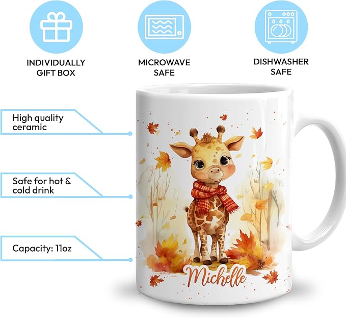 Hyturtle Personalized Fall Giraffe Maple Leaves Coffee Mug Gift on Birthday | Gifts For Giraffe Lovers - Fall Autumn Decor Gifts For Farmhouse Thanksgiving - Custom Name 11oz White Ceramic Coffee Tea Mug - Image 3