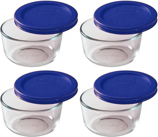 Pyrex 7202 1-Cup Glass Bowls With Cadet Blue Lids (4 Pack) - Made in USA | 7202-PC | Tempered Glass Construction | BPA-Free Plastic | Easy Clean Surface | Top-Rack Dishwasher Safe by Pyrex