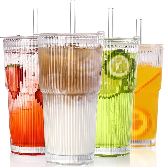 4PCS Ribbed Glass Cups with Lids and Straws, 20oz Vintage Drinking Glasses, Aesthetic Iced Coffee Cups, Glass Tumbler for Boba, Beer, Tea, Cocktails, Ribbed Glassware Set,Clear by SIPBYSOP