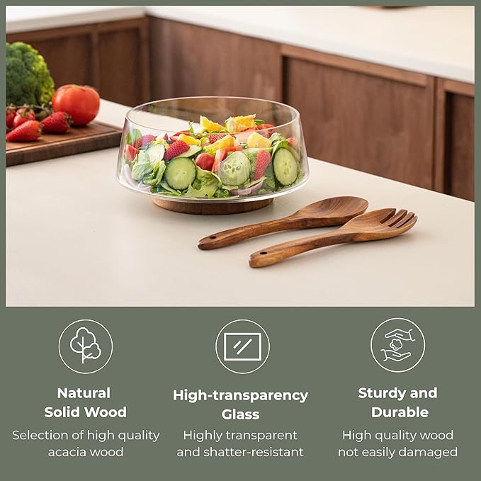 muso wood Salad Bowl Set Large-capacity Glass Salad Bowl with Acacia Wood Base and Salad Spoon-fork Perfect for Family Gatherings and Dinner Parties Mix Effortlessly - Image 6