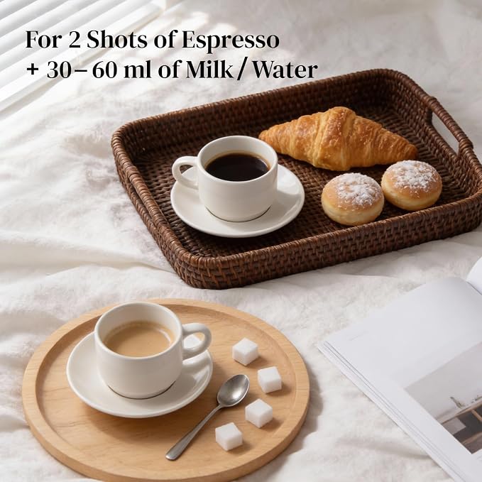 DOWAN 4 OZ Stackable Espresso Cups, Porcelain Coffee Cups with Saucers Set of 4, White Espresso and Tea Cups for Home, Office and Cafe Use - Image 4