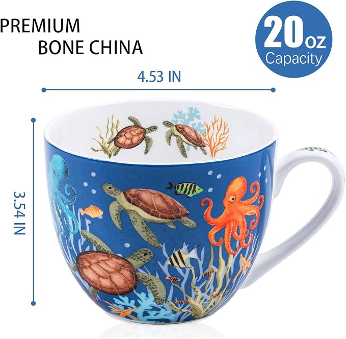Summer Ocean Wonders Hug Mug - 20oz Deep Blue Bone China Coffee Mug with Sea Turtle, Octopus and Tropical Fish, Marine Life Themed Gift for Ocean Lovers, Designed in England by Harvest Green Studio - Image 2