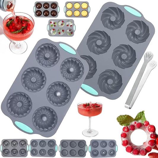 Wreath Ice Mold, Christmas Ice Cube Molds, Silicone Wreath Ice Cubes Tray, 6 Hole Silicone DIY Mold Suitable, Flexible Silicones Easy Release, for Holiday Cocktails/Chocolate/Desserts (A+B)