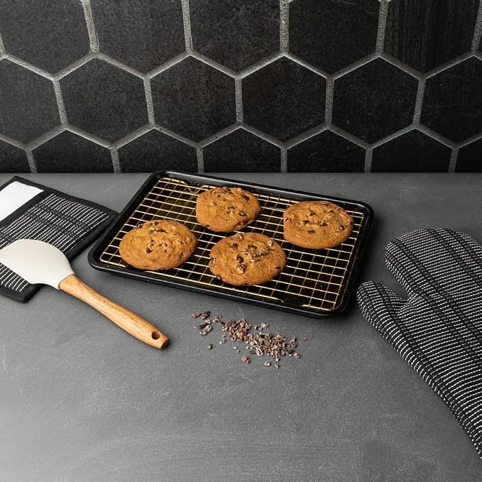 Non-Stick Rectangle Baking Sheet with Gold Cooling Rack - Black - Image 2