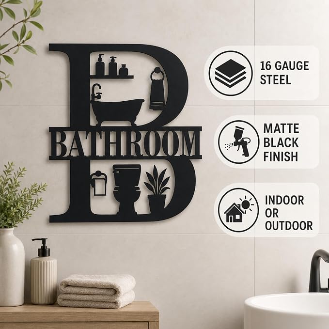 Bathroom Metal Wall Decor, Farmhouse Restroom Sign, 14 Inch | 14-inch matte black metal bathroom sign with pre-drilled holes for farmhouse, modern, or rustic restroom wall decor. - Image 2