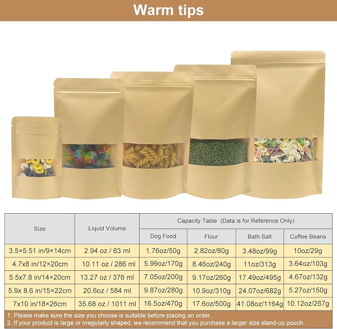 SumDirect Kraft Stand Up Pouches - 50Pcs Resealable Kraft Paper Stand Up Bags with Window, Zipper Food Storage Bags for Home or Business (50, 3.5x5.5inch) - Image 4