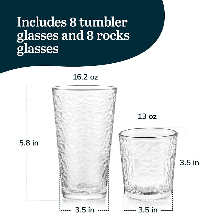 Libbey Yucatan Textured Tumbler & Rocks Drinking Glasses Set of 16 | Jumbo Margarita Glass Cups with 16.2 oz and 13 oz Capacities for Frozen Cocktails, Mocktails & Entertaining - Image 3
