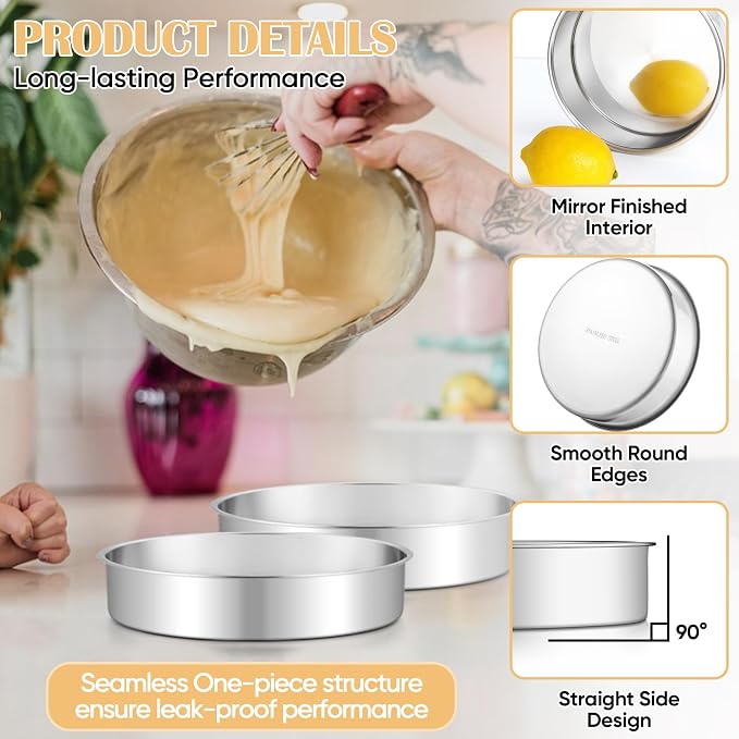 TeamFar 9 Inch Cake Pan Set of 2, Stainless Steel Round Cake Baking Pan | Layer Baking Tin for Birthday Wedding, Non-Toxic & Heavy-Duty, Mirror Finish & Leak Proof, Oven & Dishwasher Safe - Image 5