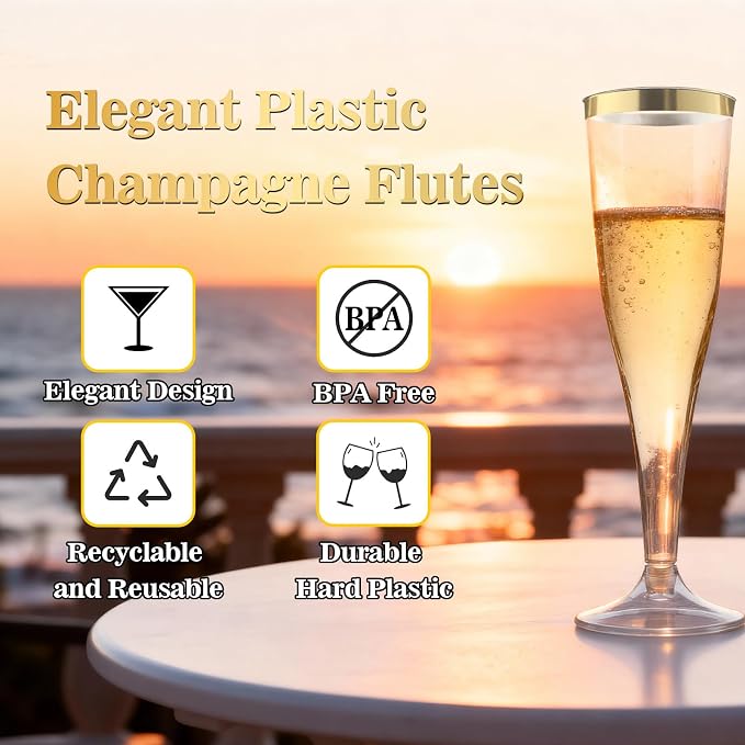 Bestluck 100 Pack 4.5 oz Champagne Flutes Plastic with Gold Rim | Disposable Champagne Flutes, Clear Plastic Disposable Stemware for Party, Mimosa Bar, Wedding, Anniversary and Graduation - Image 4