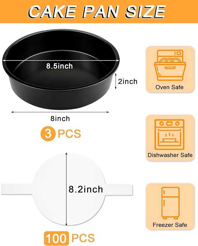 8" Round Cake Pan Set (3-Pack) with100 Parchment Papers,Non-Stick Layer Pan | Heavy-duty carbon steel delivers 450°F even heating, flawless release, and effortless warm-water cleanup - Image 2