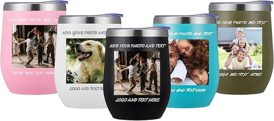 96 Pack Personalized Wine Tumbler,12oz Custom Stainless Steel Coffee Mug,Tumblers with Lids,Customizable with Picture and Names Engraving,Suitable for Woman,Men,Families and Travel