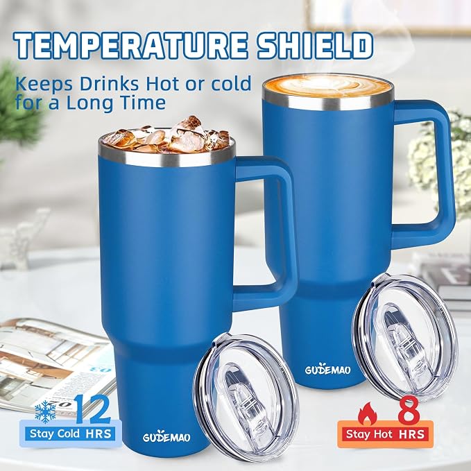 40 oz Insulated Coffee Mug with Ceramic Coating, Stainless Steel Travel Mug Tumbler with Handle Lid and Straw, Double Wall Leak-Proof Coffee Travel Mug Keeps Drink Hot and Cold (Blue) - Image 4