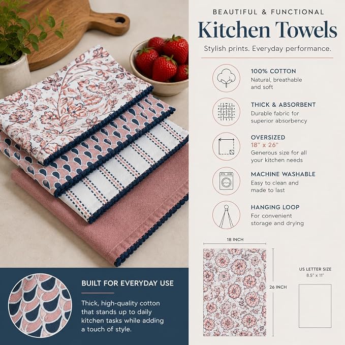 TARAN LIVING Printed Kitchen Dish Bar and Tea Towels Cotton, 18x28 inch with Trims, Cotton Dish Towel Sets (White & Peach, Set of 4) - Image 3