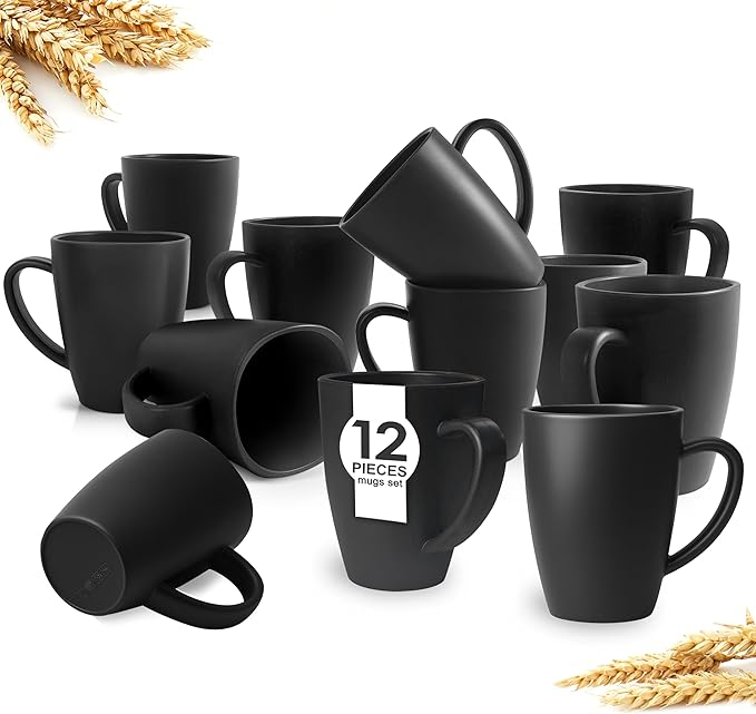 Teivio 12 Pack Wheat Straw Cups with Handle,Plastic 13.5 oz Squircle Mugs, Reusable Unbreakable Drinking Water Tumblers for Adults, Kids, Coffee, Camping,RV, Dishwasher Safe, Black by Teivio