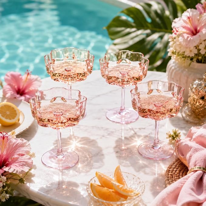 Flower Scalloped Vintage Wavy Petals Wave Glass Coupes 7oz Colorful Martini, Champagne & Cocktails, 4 Set Pink Rippled Champagne Glasses, Elegant Bar Glassware, Unique Aesthetic Coupe Glassware Gifts - Image 12