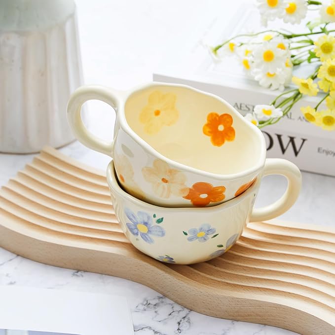 Vesici 2 Pcs Ceramic Coffee Mugs with Spoon, Vintage Floral Spring Mugs with Handle, 8.5 oz Aesthetic Flower Porcelain Tea Cup Set, Dishwasher & Microwave Safe Mothers Day Gifts for Mom(Vivid) - Image 5