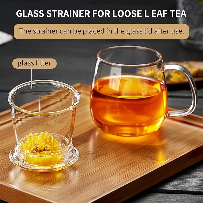 Large Glass Tea Cup, 34 oz Borosilicate Glass Tea Mug with Infuser and Lid, 1000ML Clear Tea Cups for Brewing Scented Tea and Tea Bag