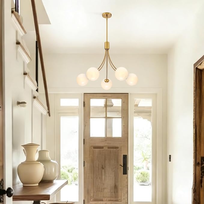 Bubble Chandelier, Modern Sputnik Dining Room 5-Light Chandelier with Gold Finish and Glass Globes for Kitchen Bedroom Foyer and Living Room - Image 4