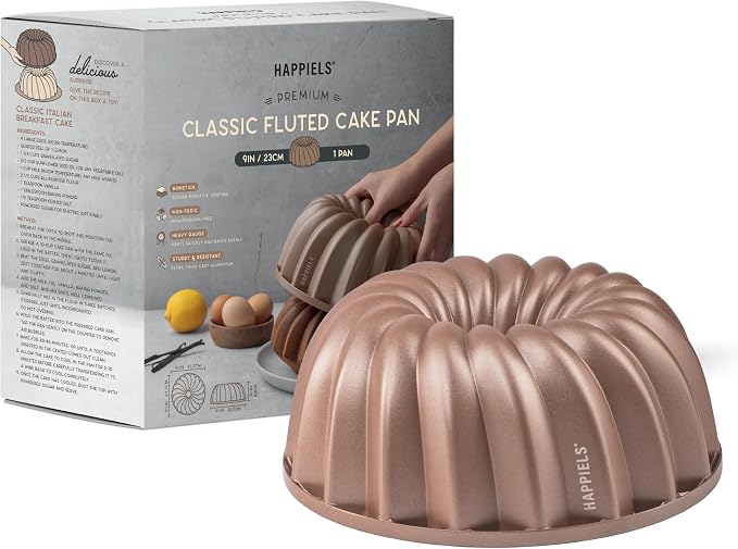 Classic 10 Cup Fluted Cake Pan Nonstick, PFOA & BPA Free | | Non-Toxic - Cast Aluminum - Gold - Pound Cake Mold for Oven Baking by HAPPIELS