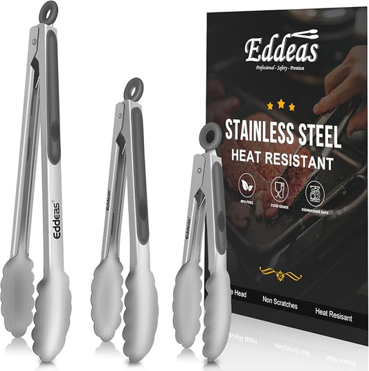 EDDEAS Tongs For Cooking - Heat Resistant 600 Degrees Stainless Steel Kitchen Tong,Heavy Duty Metal Locking Tongs - Perfect for Food, BBQ set of 3 (7",9" and 12") Grey by Eddeas