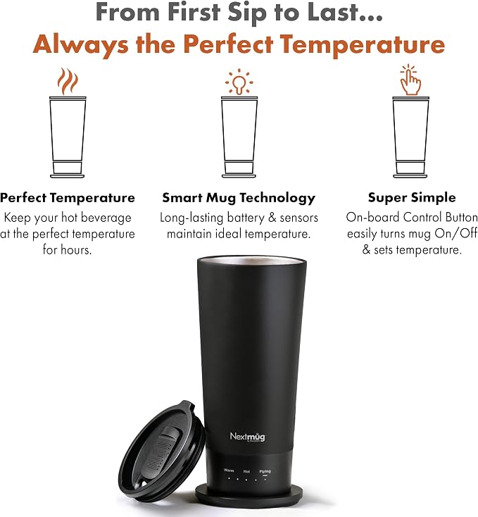 Nextmug Go - Temperature-Controlled, Self-Heating Travel Mug | (Black - 16 oz.) – No App, Long-Lasting Battery for Work & Study, Great Gift for Coffee Lovers - Image 2
