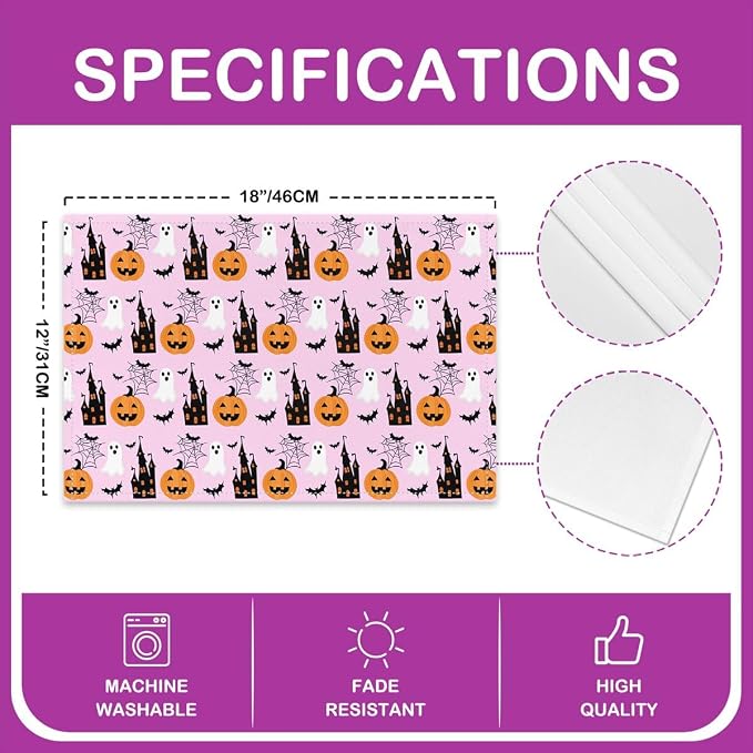 Feelyou Happy Halloween Placemats Set of 4 Cute Ghost Pumpkin Table Mats Pink White Black Place Mat for Kitchen Dining Table Party Decor Indoor Outdoor 18"x12" Non-Slip Easy to Clean Bats Cobweb - Image 4