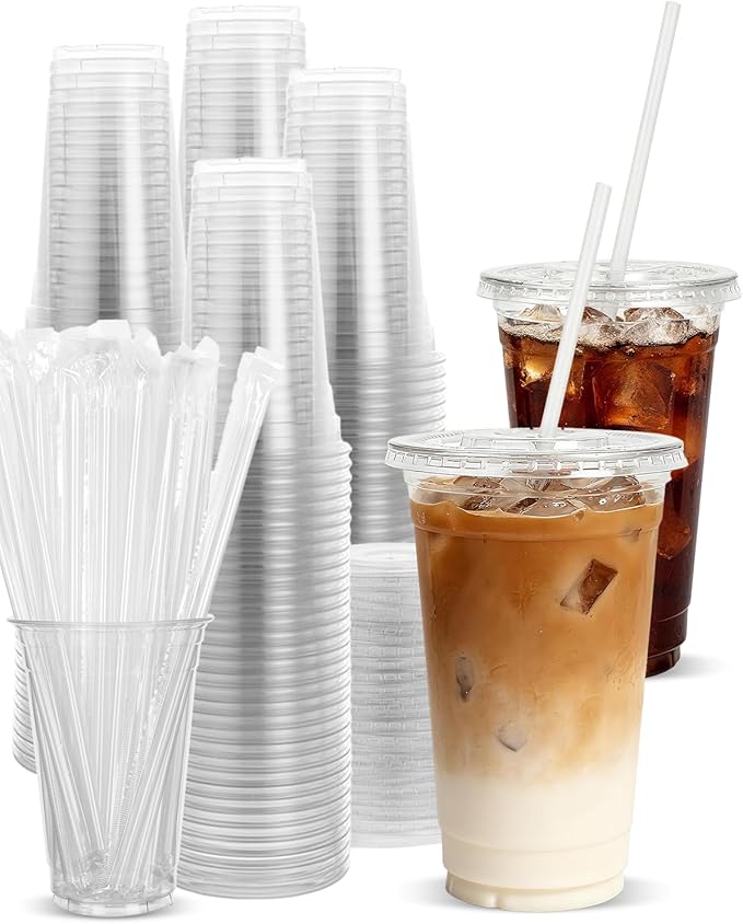 Goodluck 100 Pack 24oz Plastic Cups with Lids and Straws, Clear Disposable Iced Coffee Cups, Food Safe Cold Drink Cups for Bubble Tea, Smoothies & Shakes, BPA Free