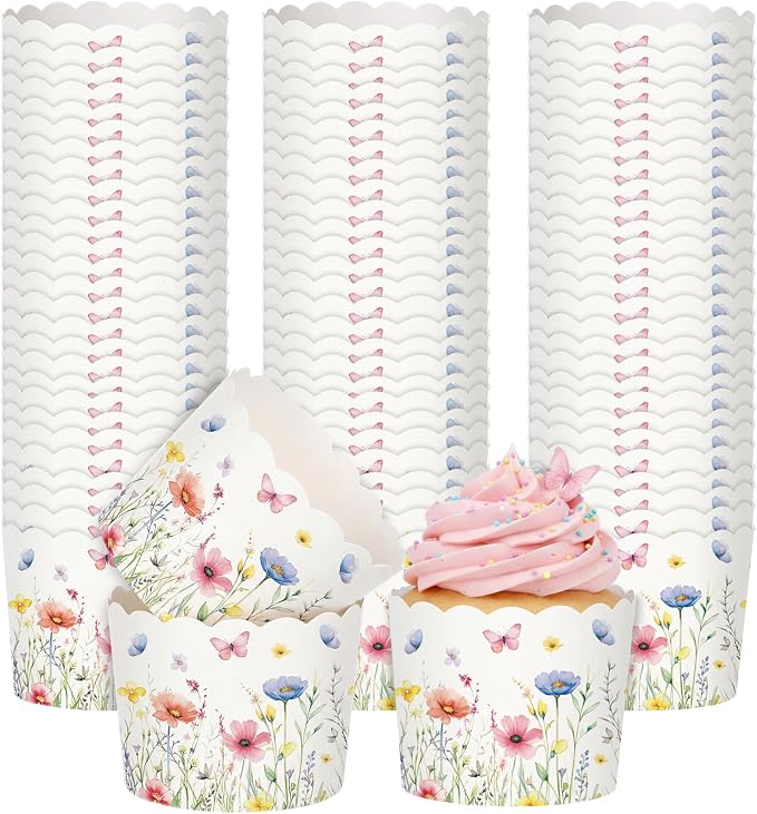 Qinyoung 150 Pcs Wildflower Cupcake Wrappers Liners Floral Paper Baking Cups Greaseproof Disposable Scalloped Flower Cupcake Muffin Cases for Spring Summer Wedding Baby Shower Birthday Tea Party Decor by Qinyoung