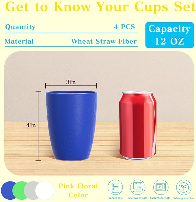 Homienly Drinking Glasses & Everyday Kids Tumblers Wheat Straw Cups 4-Pack Set | Textured Reusable Plastic Cups Essential Kitchen Cups | Dishwasher Safe for Party, Home, Camping (12 oz, Island Color) - Image 2