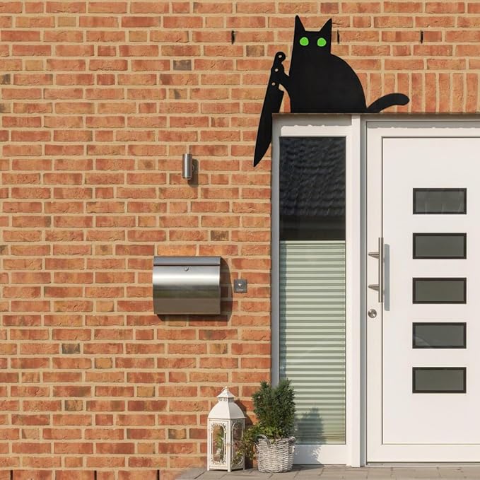2025 New Year Gift - Cute Metal Door Topper Love You Bye Over Door Frame Decor Corner Sign Black Ornaments Wood Decorations Funny Christmas (Green Hollow Eyes Cat) - Image 2