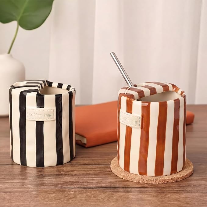 2 Pack Ceramic Coffee Mug with Sip Hole Espresso Cup 10oz with Straws Retro Hand Painted Striped Ceramic Iced Coffee Tea Travel Mug Latte Cup for Kitchen Dining (Simple,Brown,Black) - Image 5