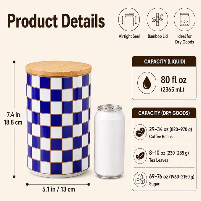 Kitchen Countertop Ceramic Checkered Canisters,Black And White Food Storage Containers With Lid,Airtight Kitchen Canisters for Flour, Sugar, Coffee, Tea, and Dry Goods (Blue, XL) - Image 2