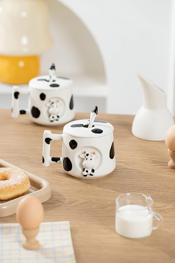 DIHOclub Adorable 3D Ceramic Cow Mug with Lid and Spoon - Perfect for Coffee, Tea, Milk, and More - Ideal Gift for Animal Lovers Gift for Mather- 14 Ounces(BLack white) - Image 6