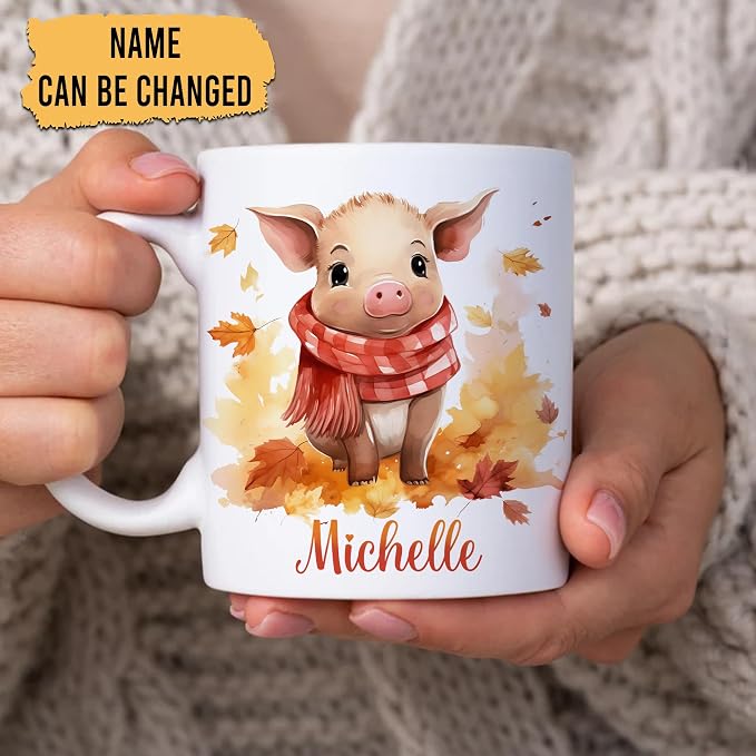 Hyturtle Personalized Fall Pig Maple Leaves Coffee Mug, Fall Autumn Décor | Birthday Gifts For Piggy Lovers - Pig Themed Gifts For Farmhouse Thanksgiving - Custom Name 11oz White Ceramic Coffee Tea Mug - Image 2