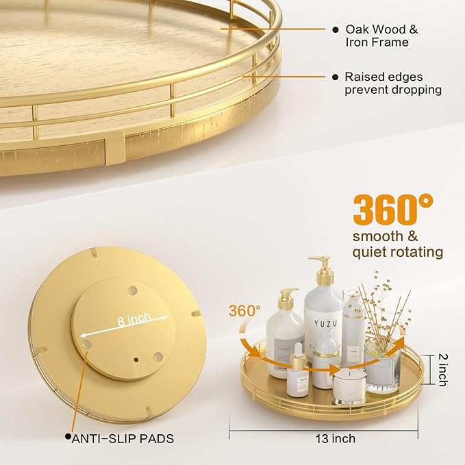 Oroyutor 13-Inch Oak Lazy Susan Decorative Tray with Gold Metal Rail | Rotating oak tray organizes spices, toiletries and decor on kitchen counters, bathroom vanities, dining and coffee tables. - Image 2