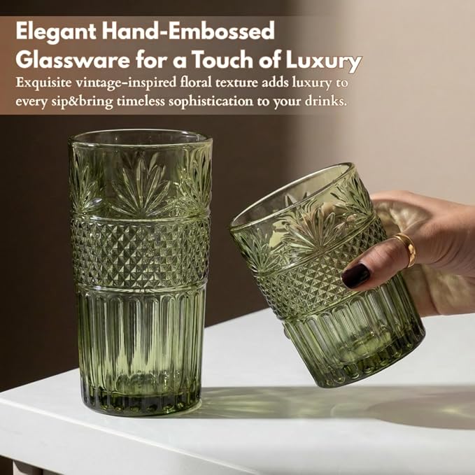 Green Drinking Glasses Set of 12, 12 Oz Highball & 10 Oz Cocktail Glasses, Green Kitchen Vintage Glassware Set, Floral Embossed Glass Tumbler Cups for Beer, Juice, Whiskey, Coffee(Pineapple) - Image 3